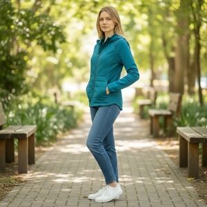 NWT FILA Sport Women Teal Full Zip Hooded Jacket XS Pockets Stretch Athleisure